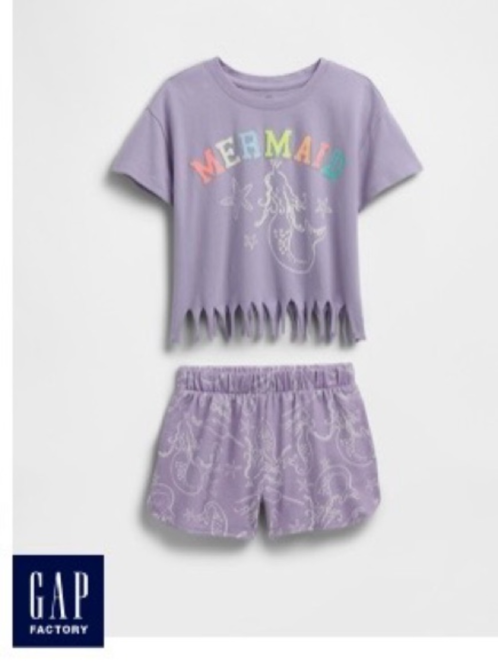 GAP Lavender Mermaid Cropped Tee & Shorts Set - Multicolor Lettering